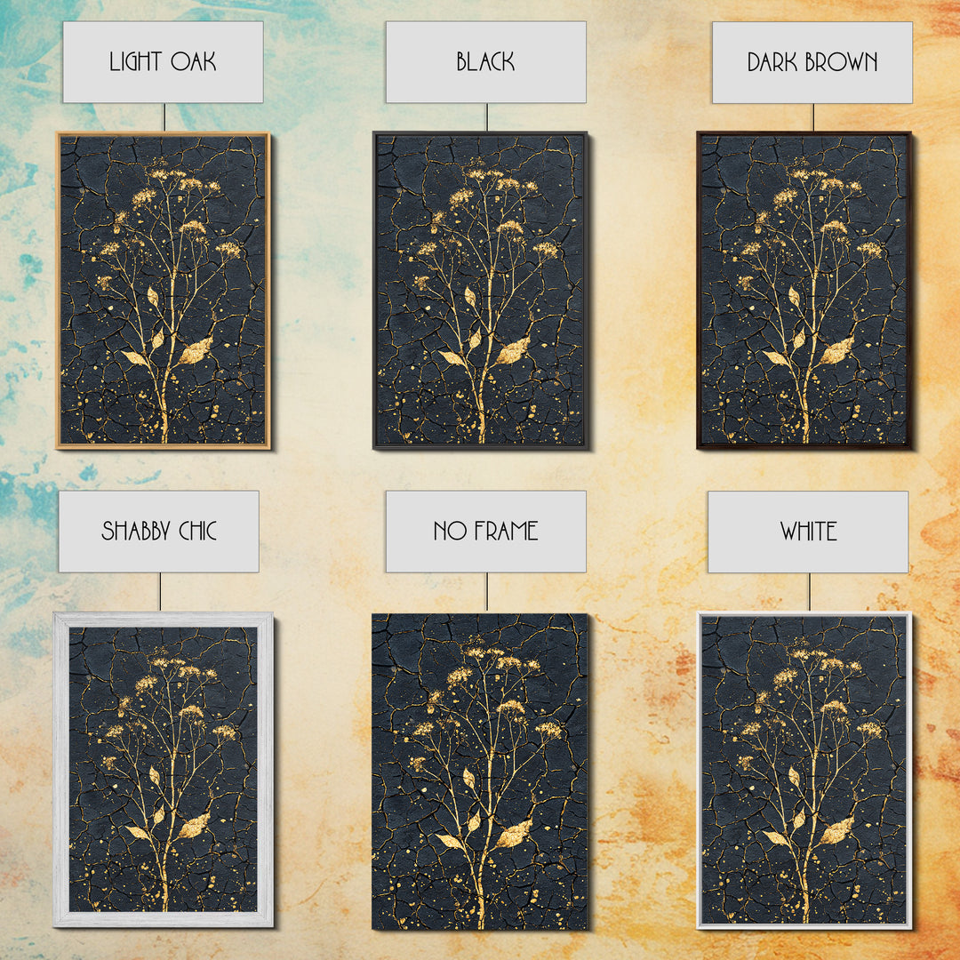 Gold Wildflower On Cracked Black Wall Art, Elegant Botanical Art Print, Black And Gold Design For Bedroom Home Decor Gift