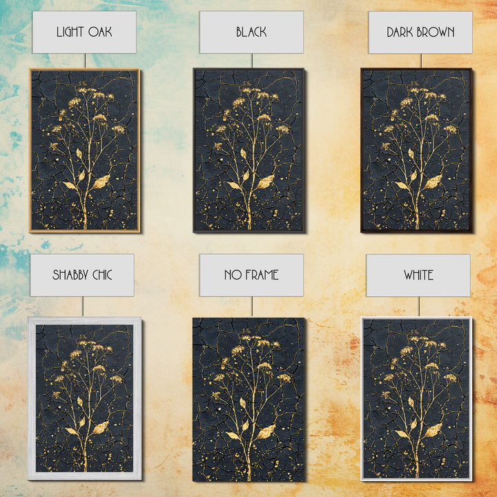 Gold Wildflower On Cracked Black Wall Art, Elegant Botanical Art Print, Black And Gold Design For Bedroom Home Decor Gift