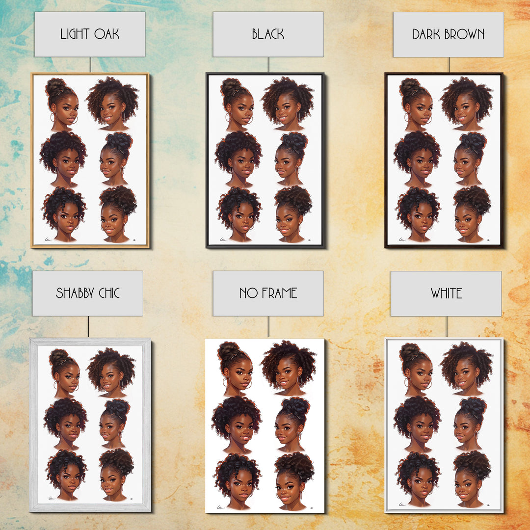 Six Black Women Hairstyle Portraits Wall Art, Afrocentric Beauty Print, Black Girl Magic Decor, Melanin Gift For Her, Home Decor