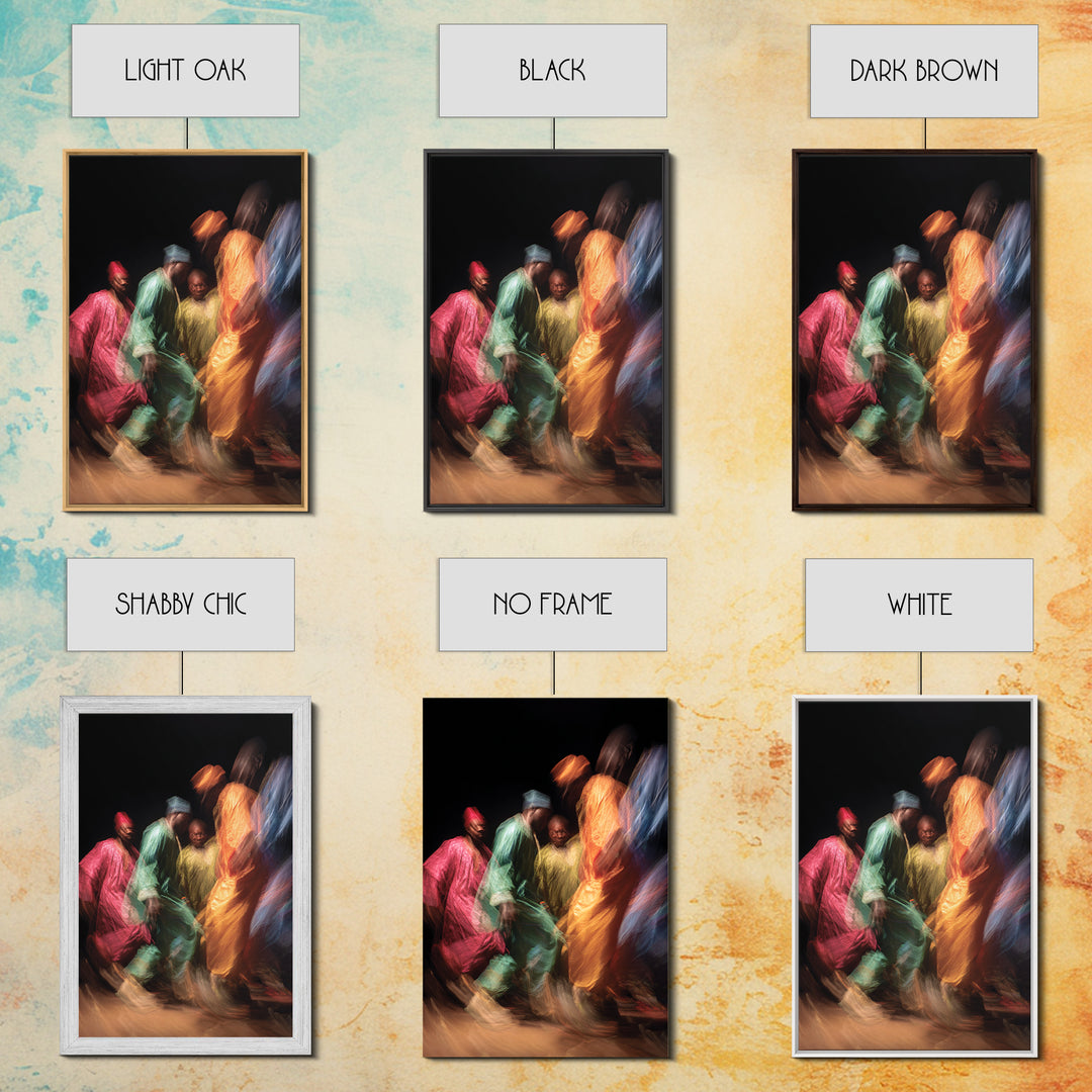 Colorful African Dancers In Flowing Robes Framed Canvas Print, Cultural Celebration Art, Vibrant Ethnic Wall Decor Gift Idea