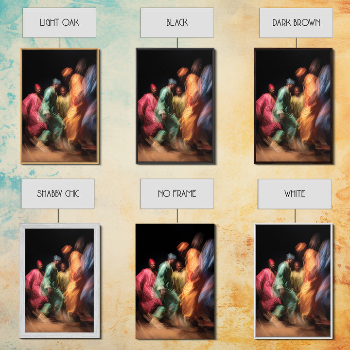 Colorful African Dancers In Flowing Robes Framed Canvas Print, Cultural Celebration Art, Vibrant Ethnic Wall Decor Gift Idea