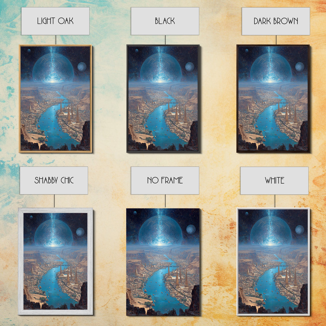 Afrofuturist Blue River City Under Planets Canvas Print, Sci Fi African Inspired Wall Art, Dreamy Landscape Home Decor Gift