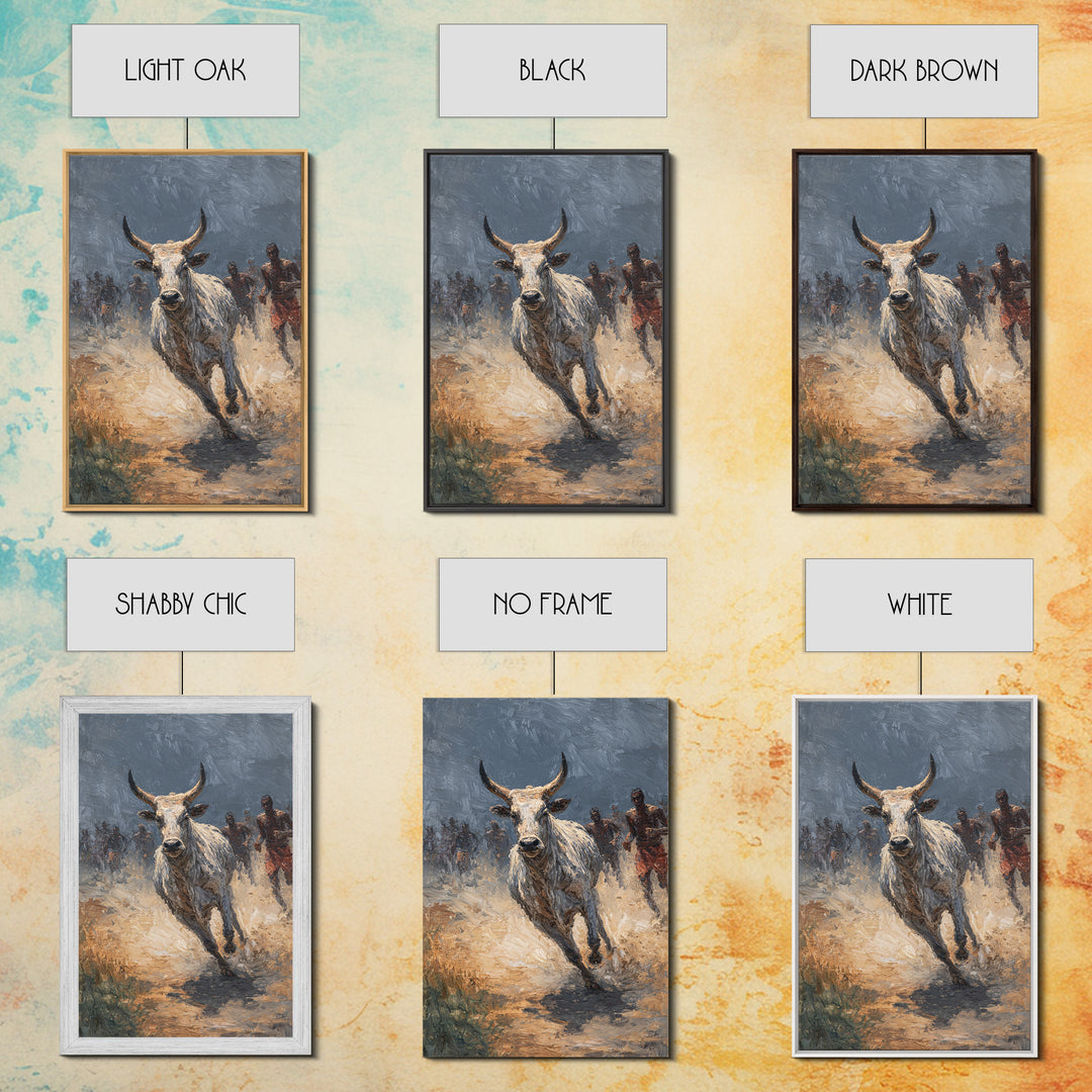 Charging White Bull And Dusty Runners Framed Canvas Print, African Warrior Art, Safari Cattle Race, Rustic Home Decor, Statement Wall Decor
