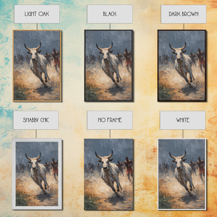 Charging White Bull And Dusty Runners Framed Canvas Print, African Warrior Art, Safari Cattle Race, Rustic Home Decor, Statement Wall Decor