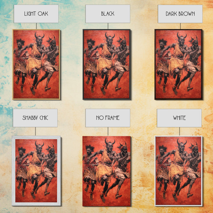Red Ochre Tribal Dancers With Horned Masks Canvas Print, African Warrior Art, Cultural Wall Decor, Expressive Home Decor