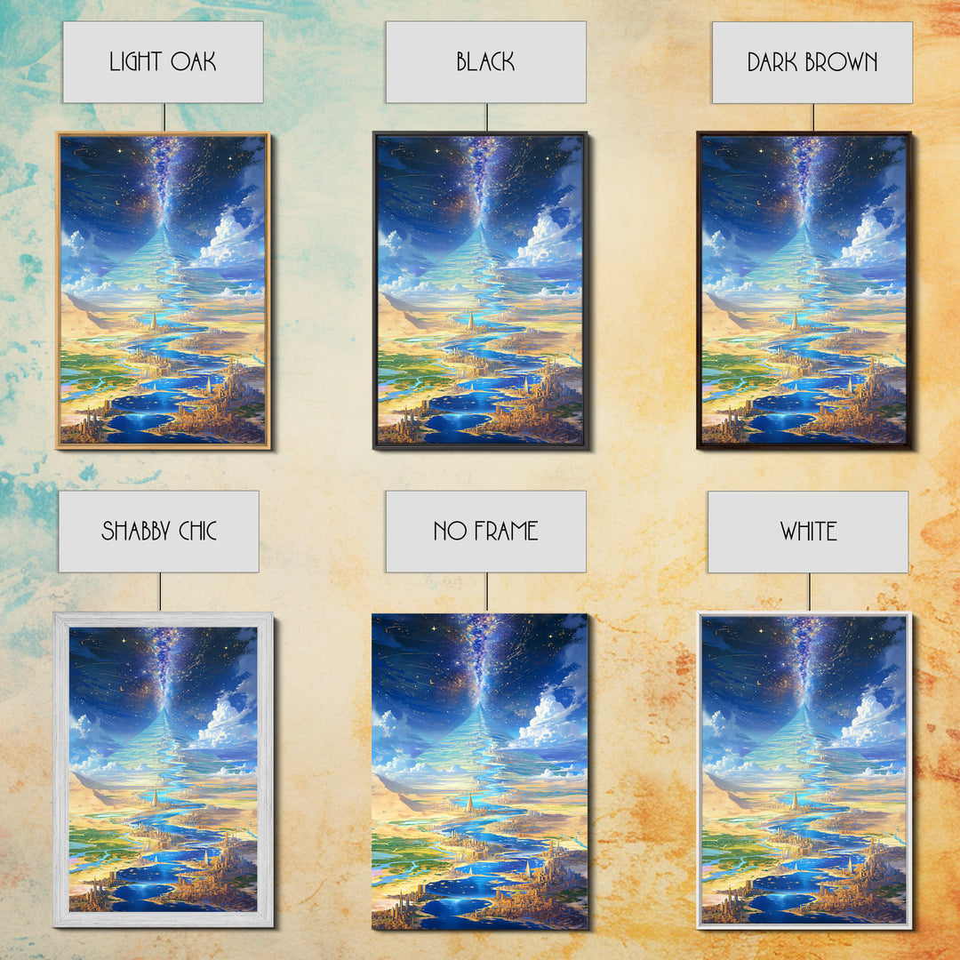 Celestial Pyramid City Beside Blue River Wall Art, African Egyptian Art, Afrofuturism Decor, Dreamy Spiritual Landscape Print