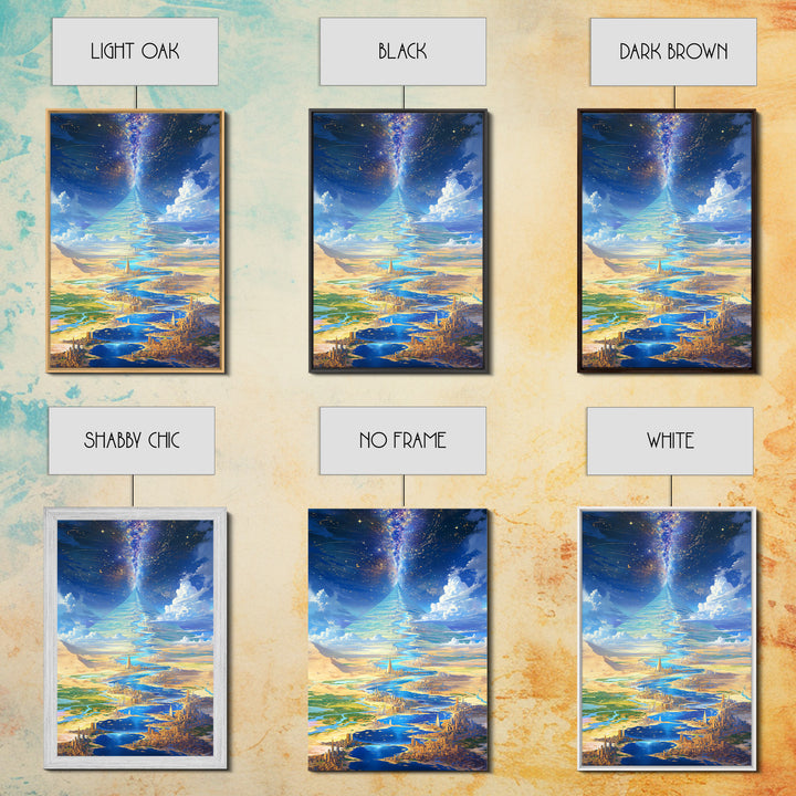 Celestial Pyramid City Beside Blue River Wall Art, African Egyptian Art, Afrofuturism Decor, Dreamy Spiritual Landscape Print