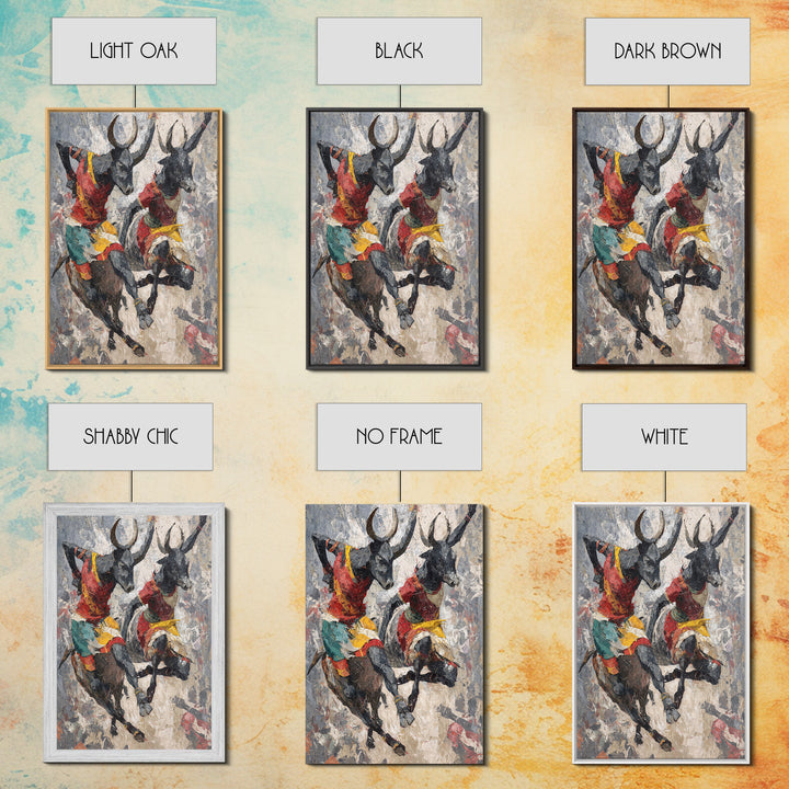 Colorful African Bull Riders Wall Art, Abstract African Art Print, Tribal Safari Decor, Cultural Living Room Canvas Gift