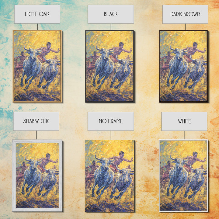 Charging Blue Bulls And Riders Canvas Print, Modern African Art, Warrior Safari Decor, Bold Cultural Wall Decor Gift For Him