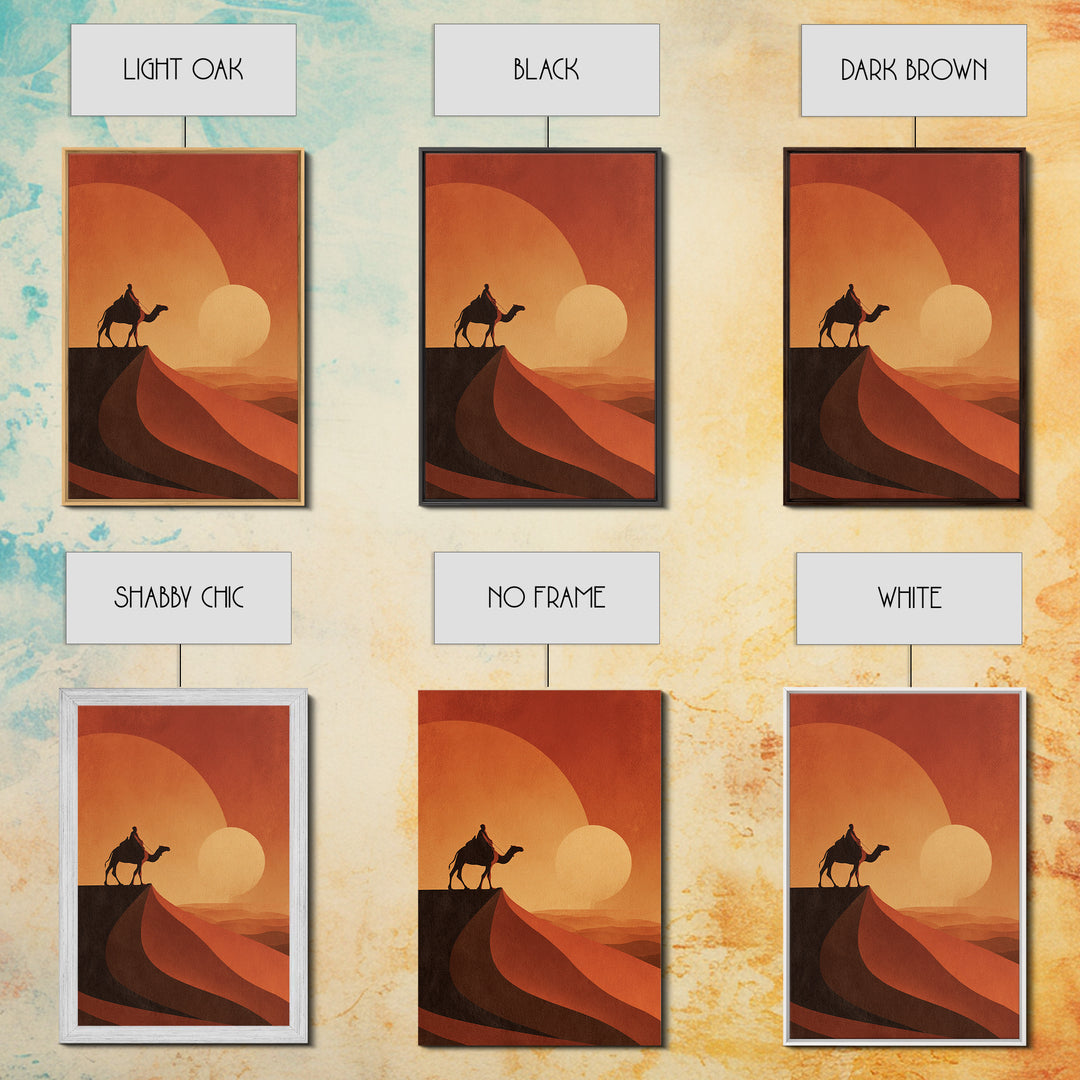 Minimalist Camel Rider Canvas Print, Orange Desert Sun Wall Art, African Travel Poster, Boho Home Decor, Unique Gift Idea