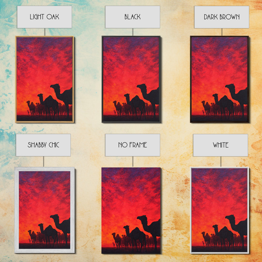 Fiery Red Camel Herd Wall Art, African Safari Art Print, Desert Sunset Poster, Bold Orange Home Decor, Statement Gift Set