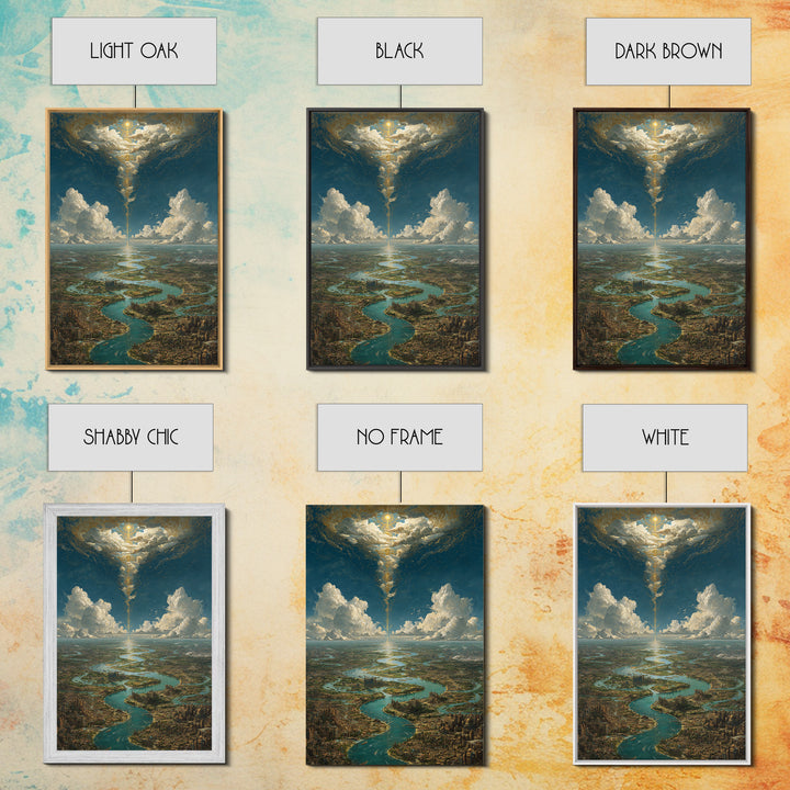 Celestial River City Under Radiant Clouds Wall Art, Dreamy Landscape Canvas Print, Spiritual Sky Decor, Large Home Art Gift