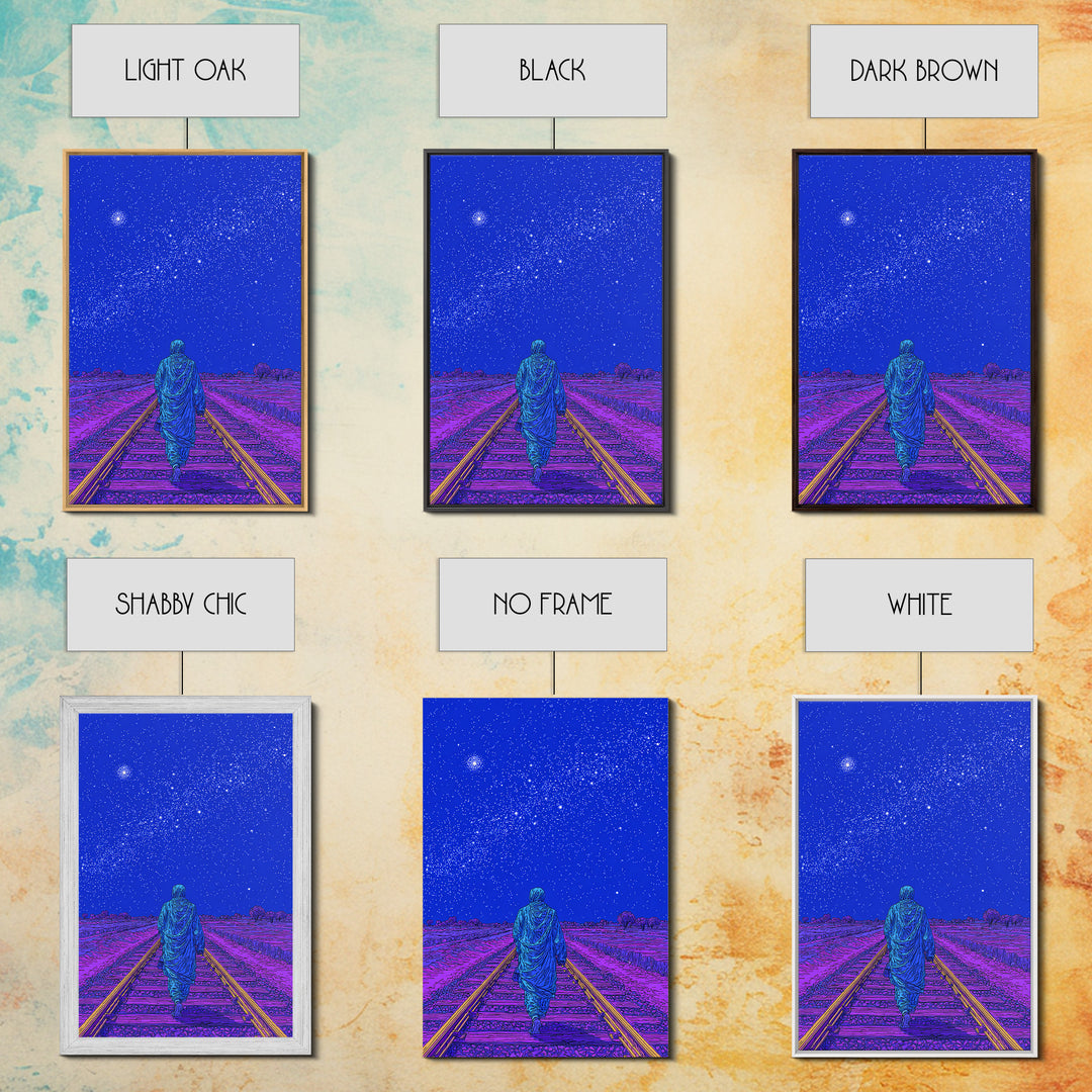 Lone Traveler On Neon Railroad Under Starry Sky Wall Art, Afrofuturism Canvas Print, Mystical Journey Decor, Blue Poster