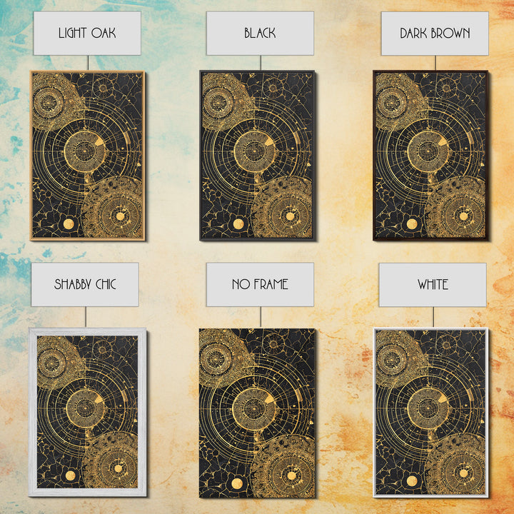Gold Astronomical Circles On Black Stone Wall Art, Celestial Abstract Canvas Print, Luxury Geometric Decor, Modern Office Art