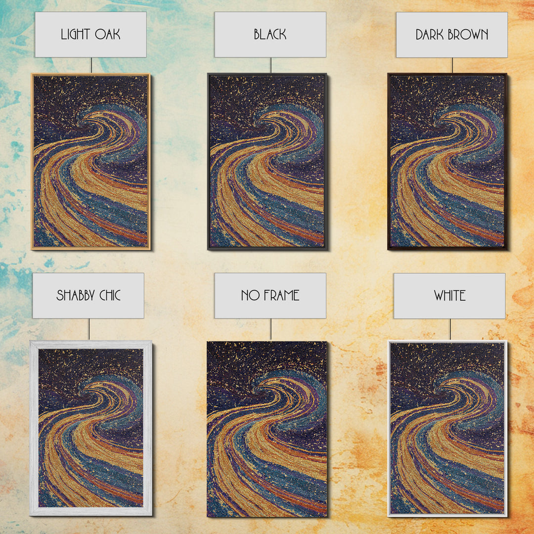 Swirling Gold Blue Cosmic River Canvas Print, Abstract Wall Art, Dreamy Galaxy Decor, Modern Boho Living Room Art Gift Poster