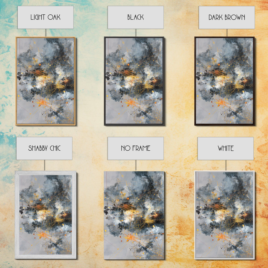 Stormy Gray Gold Network Canvas Print, Abstract African Art Decor, Modern Office Wall Art, Industrial Geometric Line Artwork
