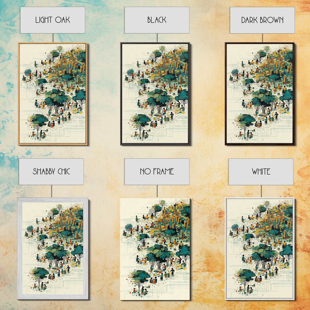 Vibrant African City Community Wall Art, Afrocentric Urban Landscape, Black Culture Art, Modern Teal Gold Decor Canvas Print