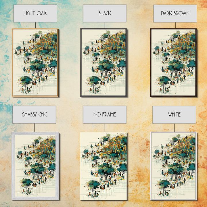Vibrant African City Community Wall Art, Afrocentric Urban Landscape, Black Culture Art, Modern Teal Gold Decor Canvas Print