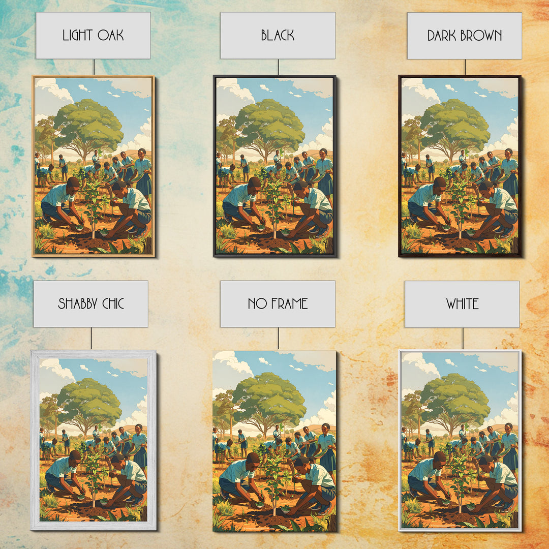 African School Garden Tree Planting Framed Canvas Print, Black Children Art, Community Nature Scene, Cultural Wall Decor