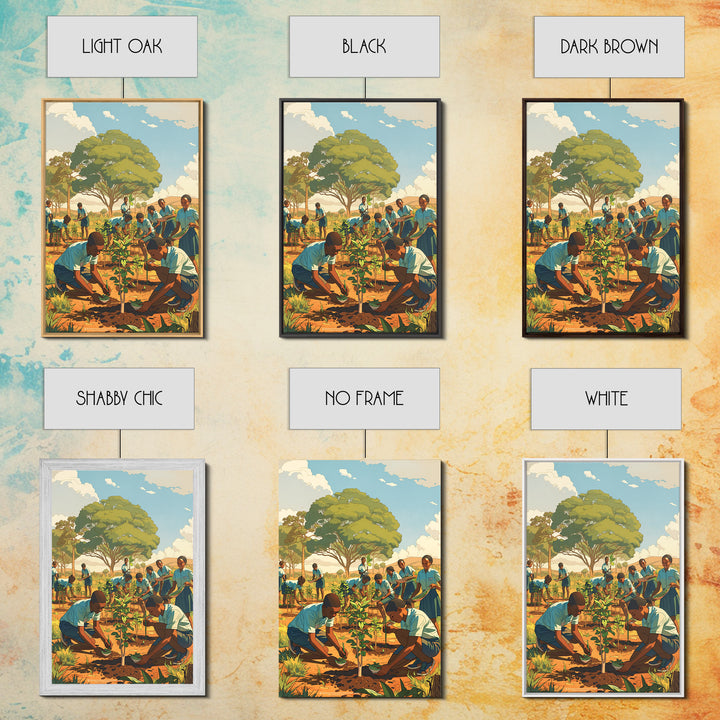 African School Garden Tree Planting Framed Canvas Print, Black Children Art, Community Nature Scene, Cultural Wall Decor