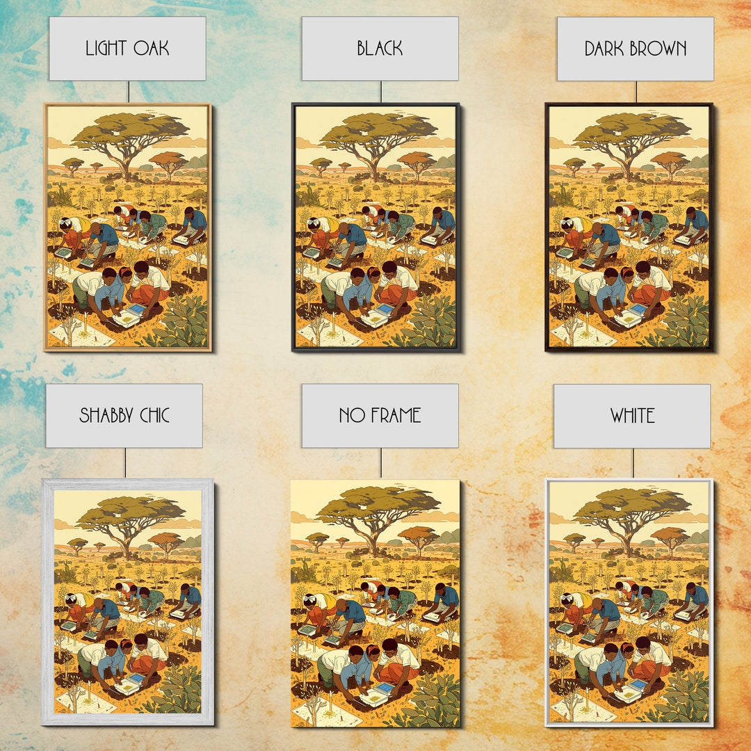 Children Planting Saplings In Golden Savanna Canvas Print, African Safari Art, Classroom Decor, Cultural Artwork Gift For Kids