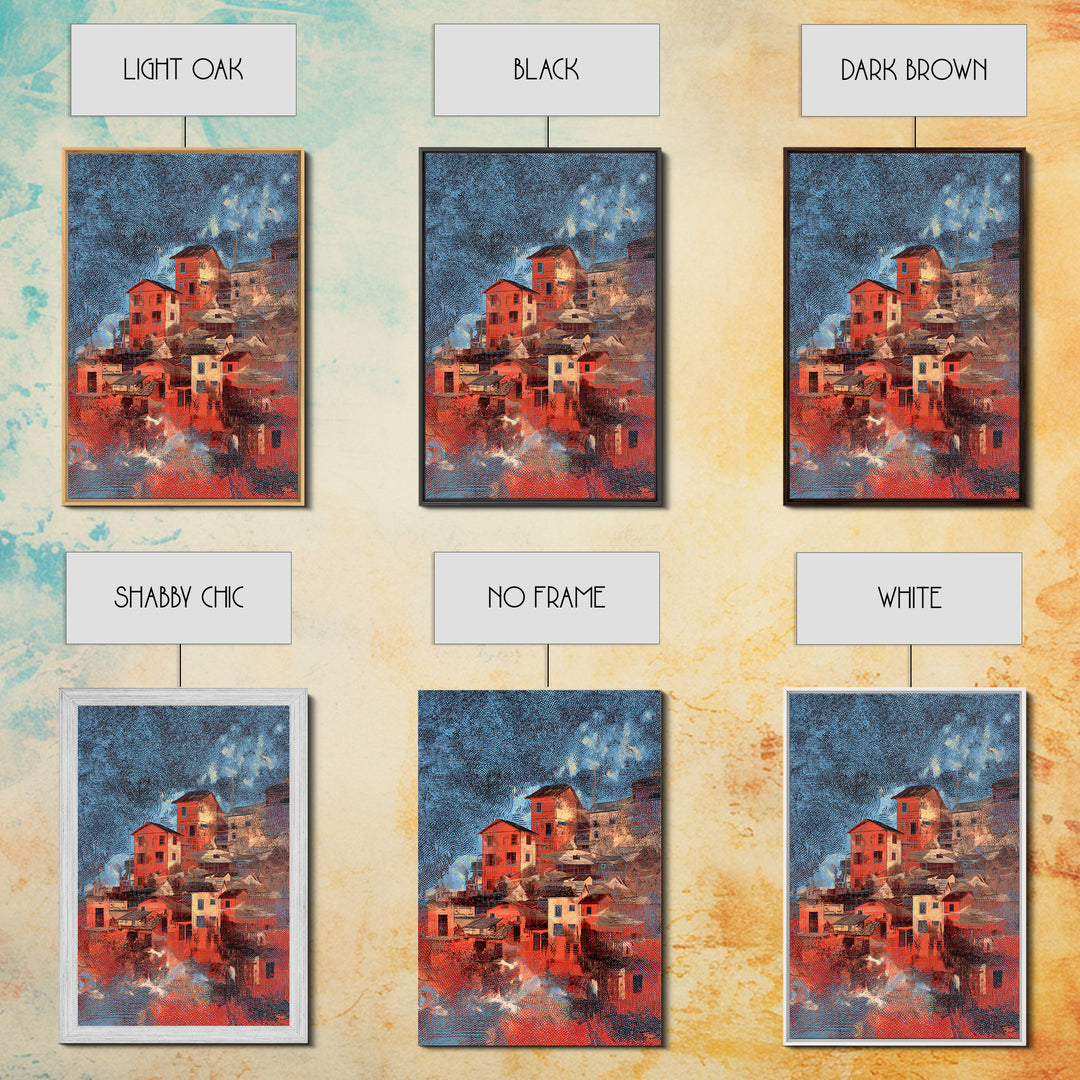 Red Hillside Village At Starry Night Canvas Print, Cozy Winter Wall Art, Rustic Decor, Unique Home Decor Gift, Orange Blue Painting