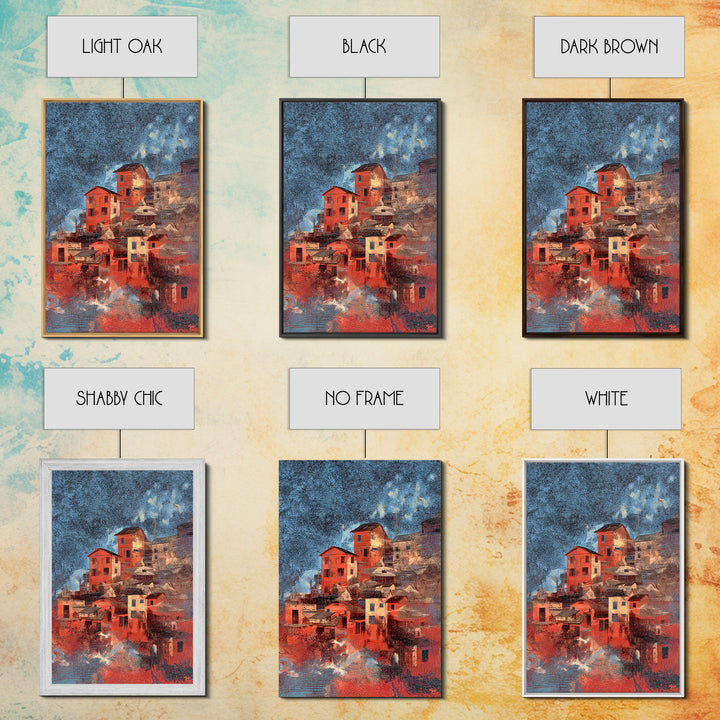 Red Hillside Village At Starry Night Canvas Print, Cozy Winter Wall Art, Rustic Decor, Unique Home Decor Gift, Orange Blue Painting
