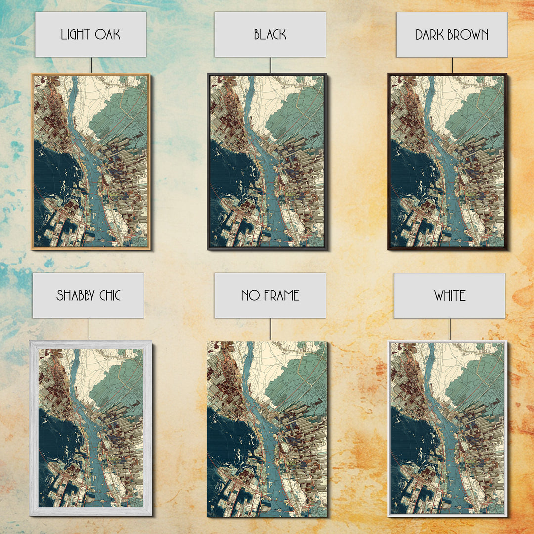 Aerial Coastal City Map With Blue Water, Urban Wall Art, Location Map Print, Modern Office Decor, Gallery Home Decor, Canvas Print