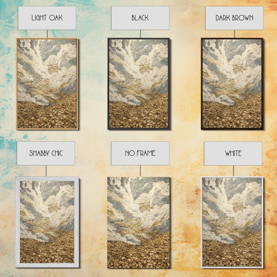 Golden Pebble Hills And Swirling Clouds, Nature Scene Wall Art, Earth Tone Art Print, Textured Boho Home Decor, Canvas Print