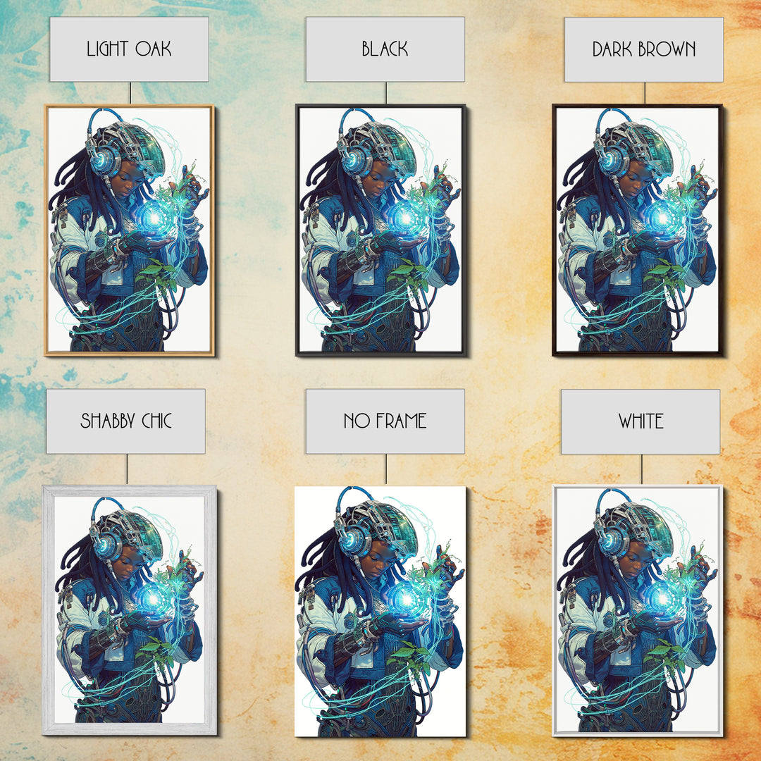 Futuristic African Woman With Glowing Orb Canvas Print, Afrofuturism Decor, Black Female Art, Botanical Tech Wall Art Gift