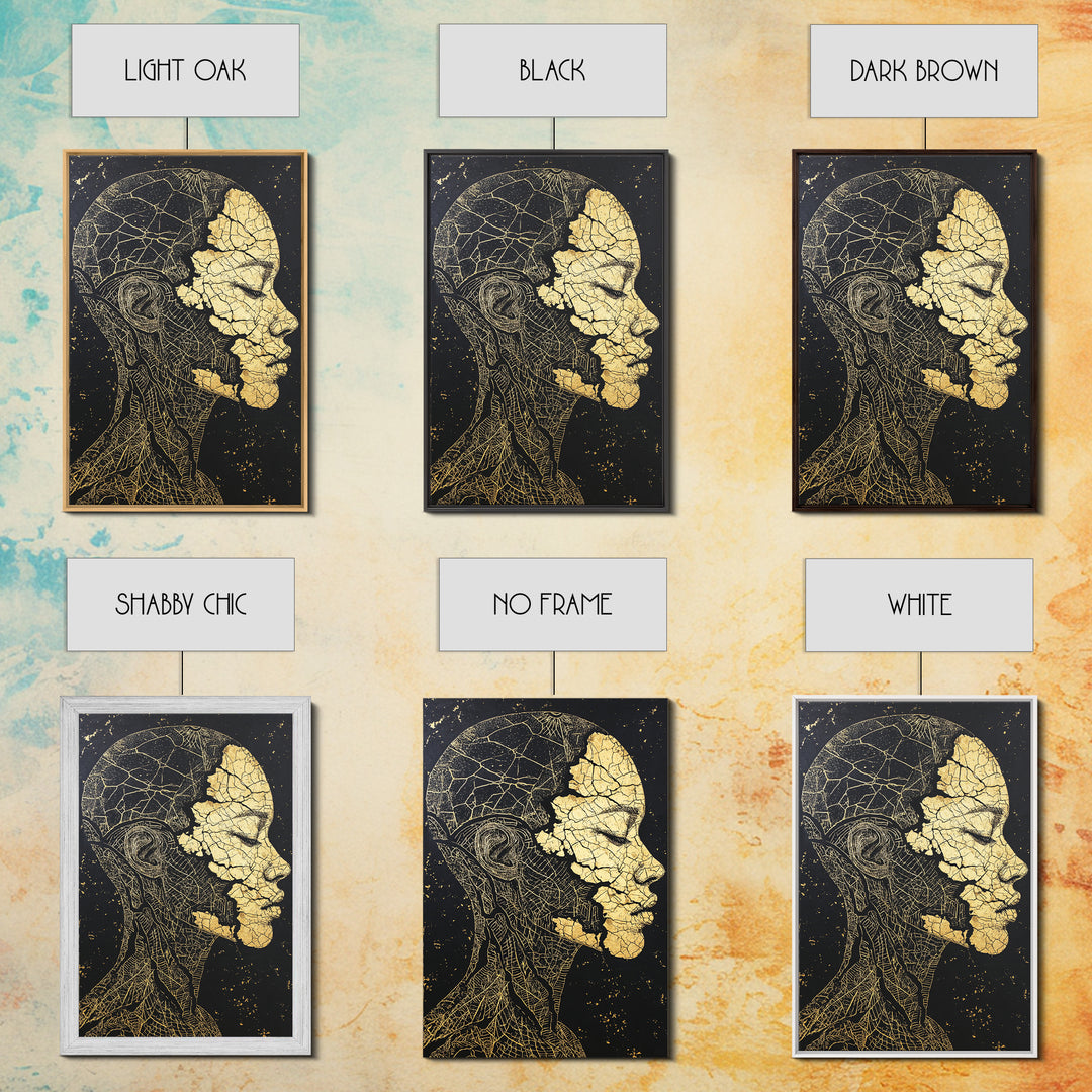 Gold Anatomical Profile Framed Canvas Print, Abstract Face Art, Black And Gold Wall Decor, Luxury Modern Portrait Gift For Him