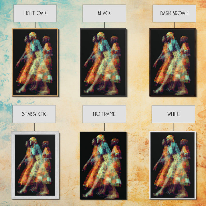 Glowing African Women In Motion Framed Canvas Print, Abstract Textile Portrait, Afrocentric Black Woman Wall Decor Art Gift