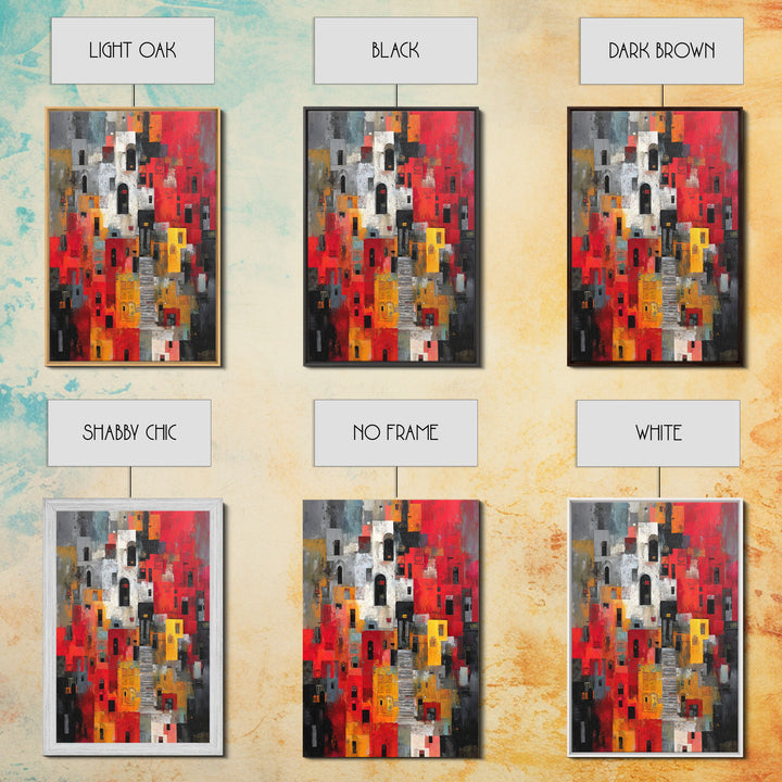 Red Black Abstract City Facades Framed Canvas Print, Modern African Wall Art, Urban Architecture Decor, Bold Home Decor Art