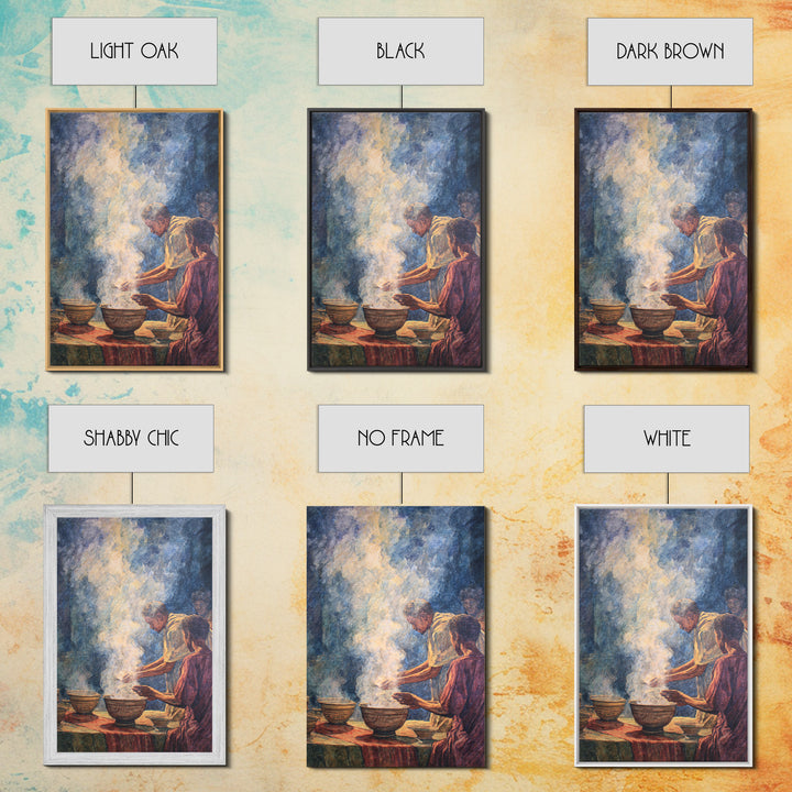 African Community Cooking Ritual With Steaming Bowls Wall Art, Cultural Home Decor, Ethnic Art Print, Warm Kitchen Poster