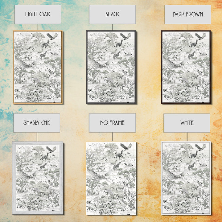 Intricate Monochrome African Safari Map Wall Art, Serengeti Animals, Elephant, Zebra, Giraffe, Travel Inspired Home Decor