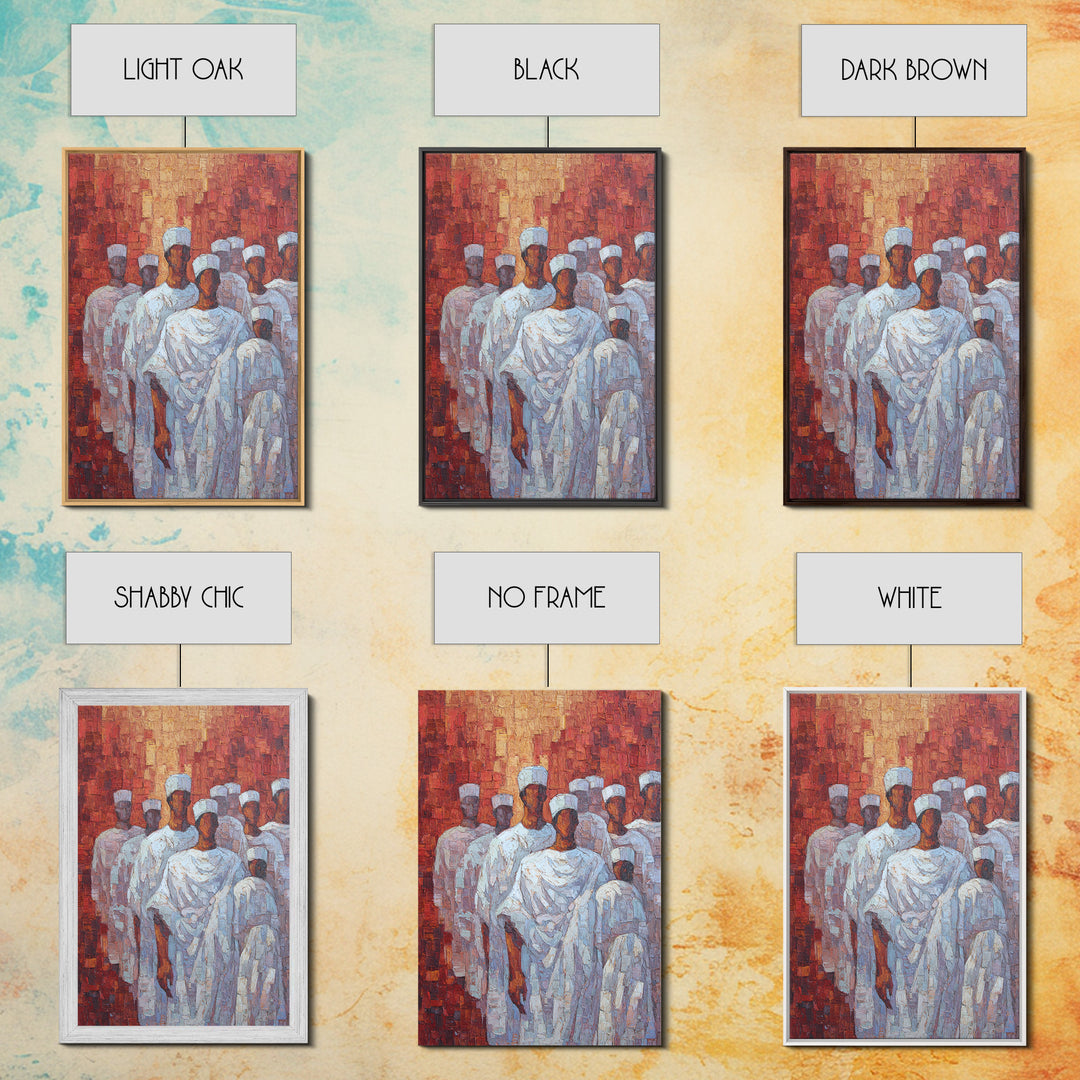 White Robed Figures In Red Impasto Framed Canvas Print, African Wall Art, Cultural Decor, Modern African Painting Gift For Home Decor