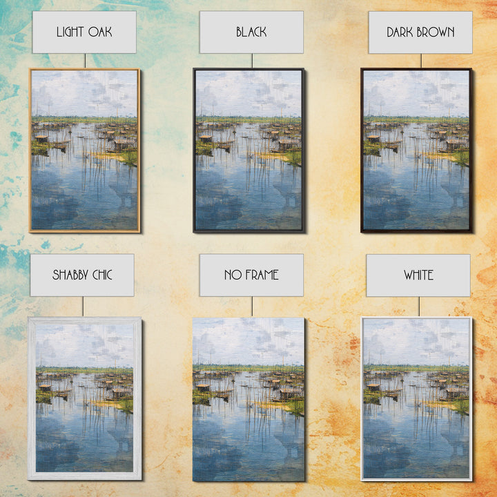 Serene African Fishing Village Wall Art, Blue Wetland Landscape Canvas, Coastal Nature Scene, Textured Home Decor For Living Room