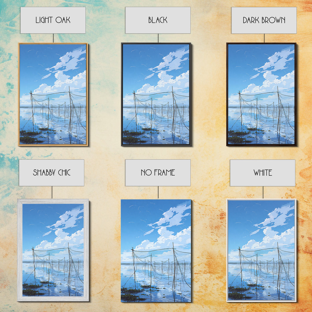 Blue Sky Fishing Nets Wall Art, Minimalist Coastal African Landscape Canvas, Serene Water Reflections, Bedroom Decor Gift
