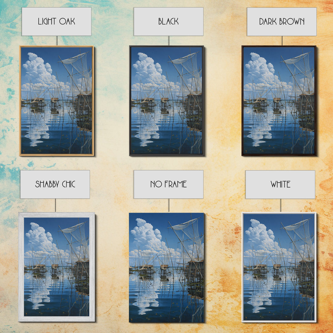 Dreamy Fishing Nets On Blue Water Wall Art, African Coastal Village Canvas, Cloud Reflection Nature Decor Gift For Home And Office