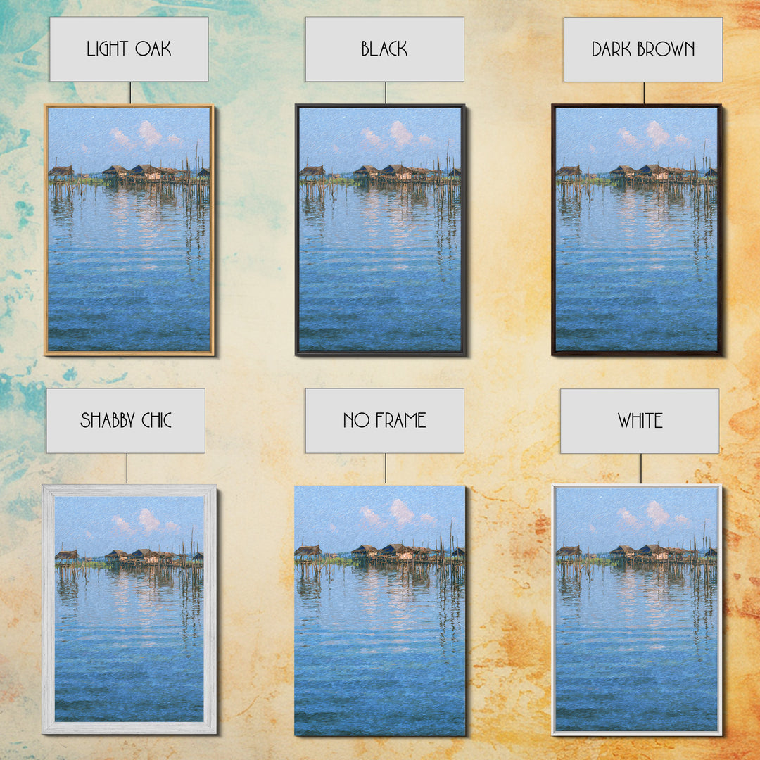 Peaceful Blue Lagoon Stilt Village Canvas Print, African Coastal Landscape, Impressionist Water Reflections Wall Decor Gift