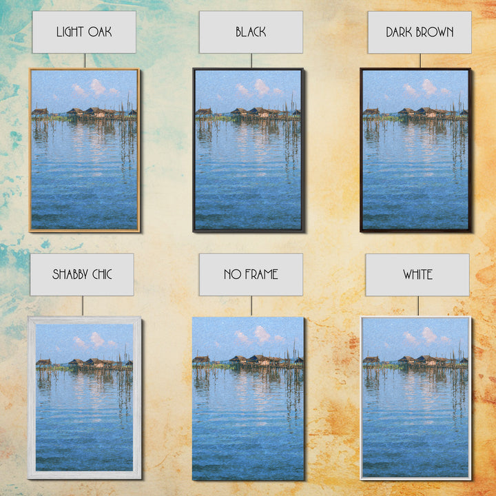 Peaceful Blue Lagoon Stilt Village Canvas Print, African Coastal Landscape, Impressionist Water Reflections Wall Decor Gift