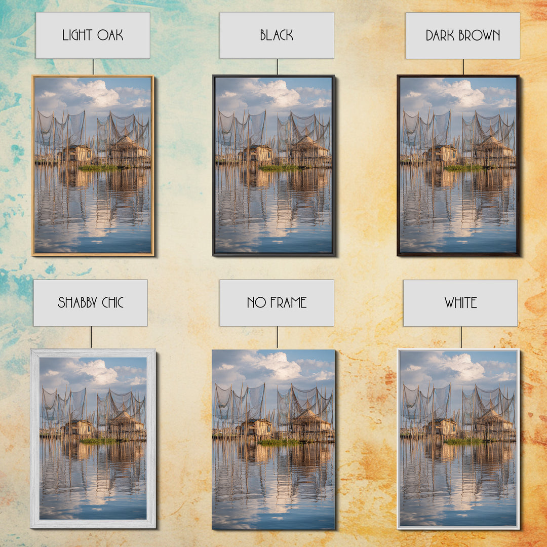 Sunlit Stilt Fishing Huts And Net Reflections Wall Art, Coastal Lake Village Canvas Print, Serene Blue Water Living Room Decor