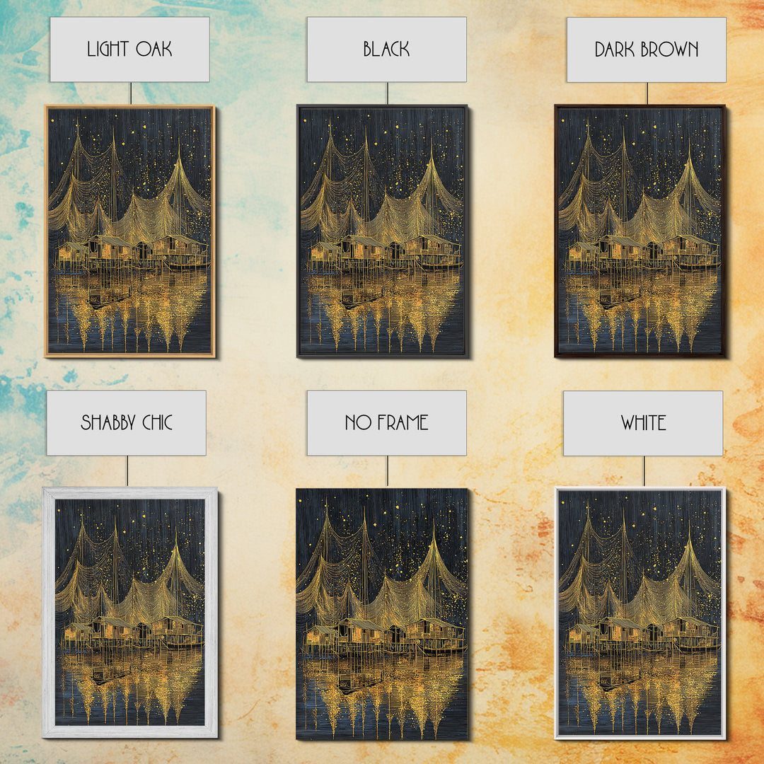 Golden Night Fishing Nets Over Stilt Houses Canvas Print, African Inspired Coastal Village Wall Decor, Black Gold Statement Art