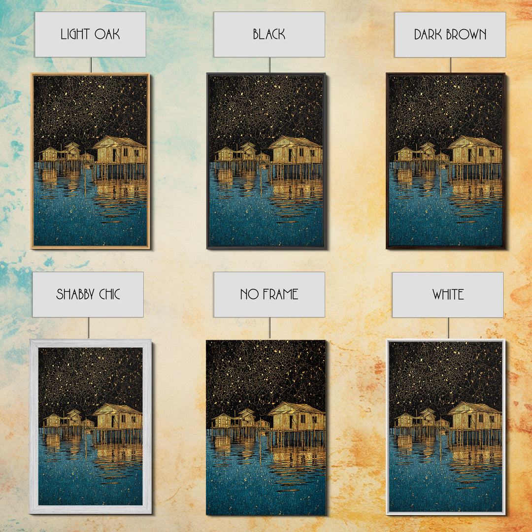 Gold Stilt Houses On Blue Water Canvas Print, Abstract Coastal Village Wall Art, Black Gold Lake Reflections Home Decor Art