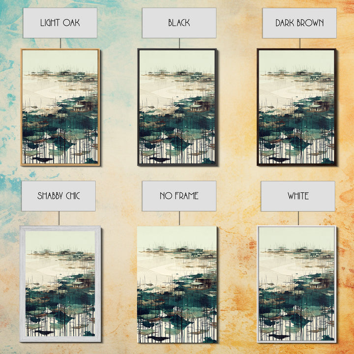 Minimal Teal Stilt Village Across Quiet Water Wall Art, Modern Coastal Landscape Canvas Print, Beige Green Living Room Decor