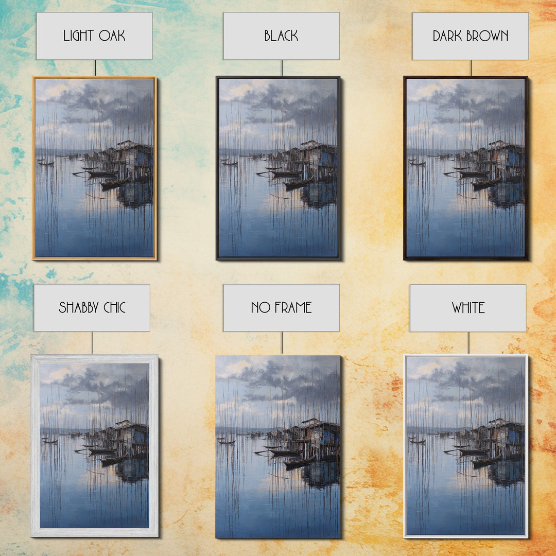 Moody Blue Fishing Boats By Stilt Houses Framed Canvas Print, Serene Lake Village Wall Art, Coastal Home Decor Gift For Living Room