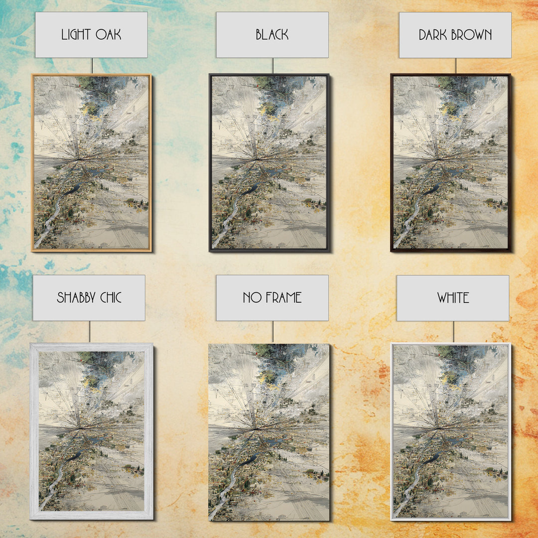 Abstract Aerial River Delta And City Lines Wall Art, Modern Landscape Canvas Print, Textured Blue Gray Gallery Office Decor