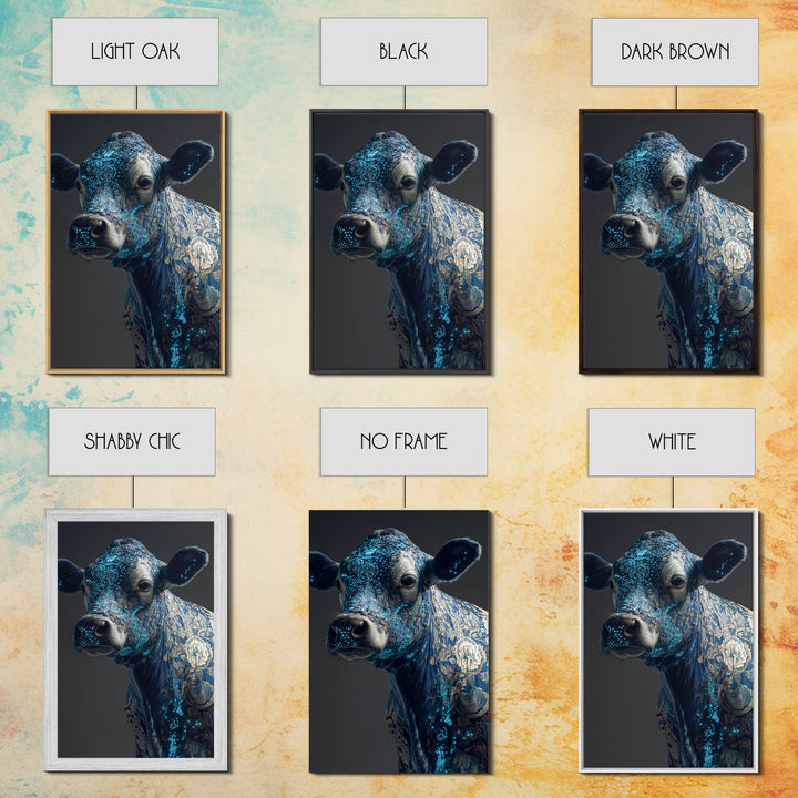 Blue Floral Cow Portrait Framed Canvas Print, Ornate Animal Wall Decor, Farmhouse Painting, Luxury Modern Home Decor Gift