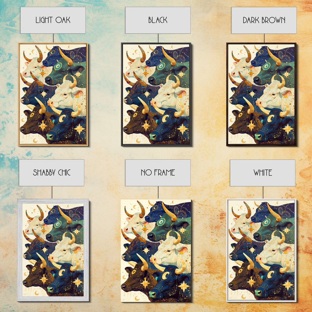 Celestial Herd Of Moonlit Cows Wall Art, Mystical Animal Canvas Print, Colorful Farm Decor, Whimsical Stars And Moons Poster