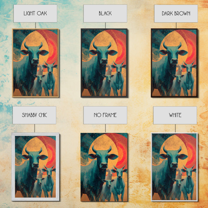 Retro Teal Cattle Family Canvas Print, Orange Sun Animal Wall Decor, Southwestern Farm Painting, Bold Living Room Art Gift